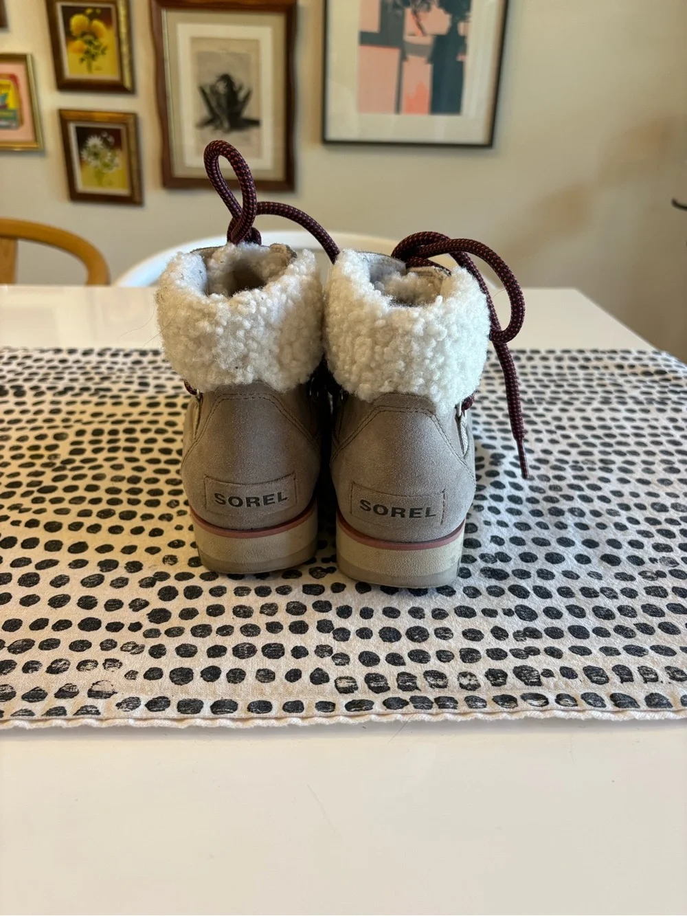 Sorel Tan Suede Lace-Up Shearling Ankle Boots with Burgundy Laces
